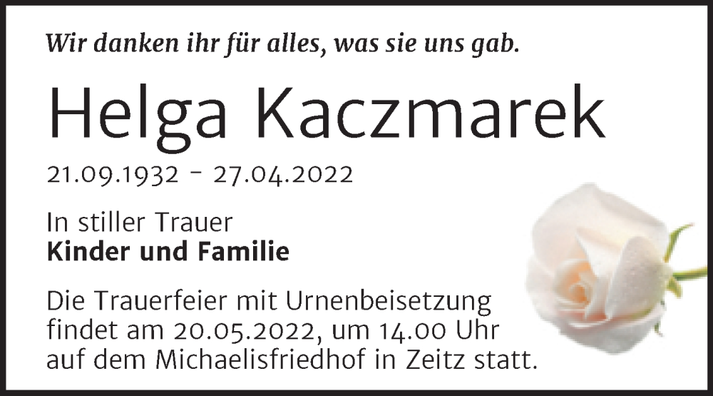  Traueranzeige für Helga Kaczmarek vom 07.05.2022 aus Trauerkombi Zeitz