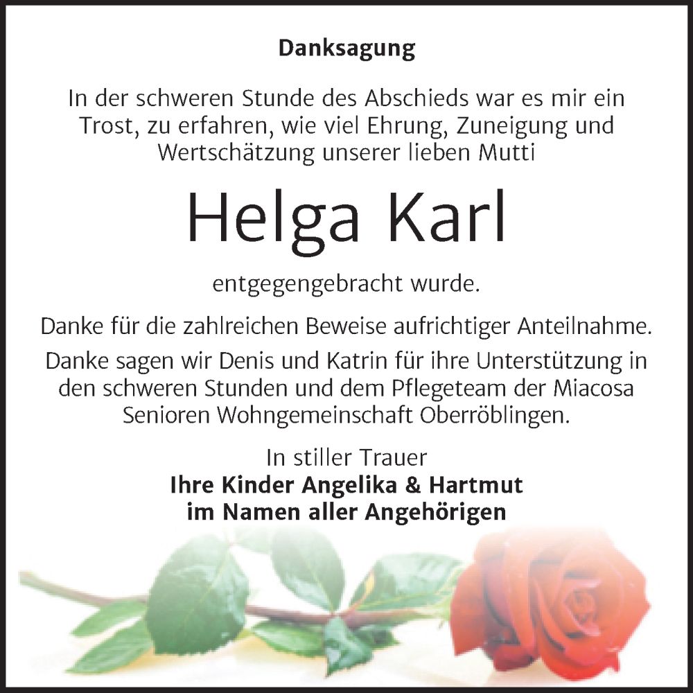  Traueranzeige für Helga Karl vom 21.05.2022 aus Trauerkombi Sangerhausen