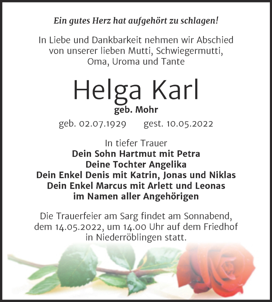  Traueranzeige für Helga Karl vom 13.05.2022 aus Mitteldeutsche Zeitung Sangerhausen