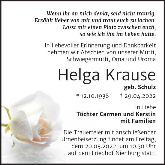 Traueranzeige von Helga Krause von Trauerkombi Bernburg