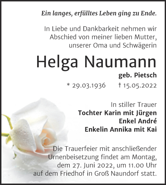 Traueranzeige von Helga Naumann von Trauerkombi Wittenberg