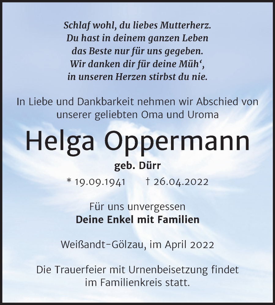  Traueranzeige für Helga Oppermann vom 07.05.2022 aus Trauerkombi Köthen