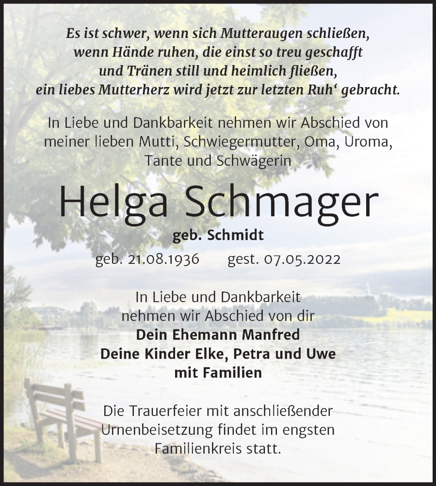 Traueranzeige für Helga Schmager vom 14.05.2022 aus Trauerkombi Wittenberg