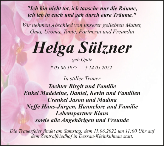 Traueranzeige von Helga Sülzner von Trauerkombi Dessau