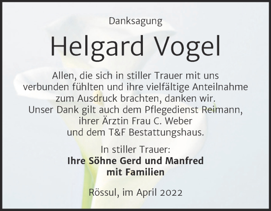 Traueranzeige von Helgard Vogel von Trauerkombi Weißenfels