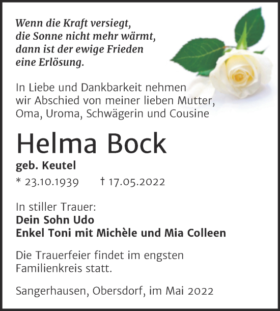 Traueranzeige von Helma Bock von Trauerkombi Sangerhausen