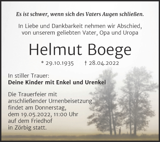 Traueranzeige von Helmut Boege von Trauerkombi Bitterfeld