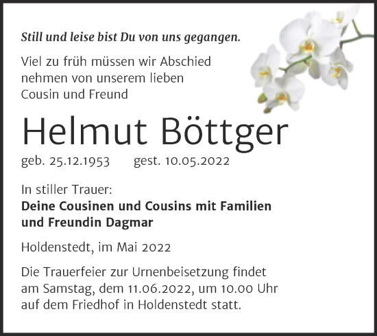 Traueranzeige von Helmut Böttger von Trauerkombi Sangerhausen