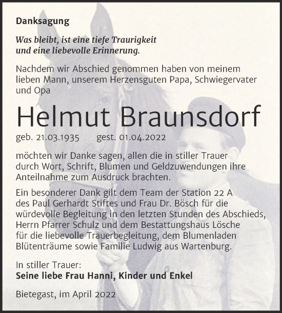 Traueranzeige von Helmut Braunsdorf von Trauerkombi Wittenberg