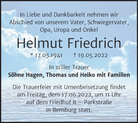 Traueranzeige von Helmut Friedrich von Trauerkombi Bernburg