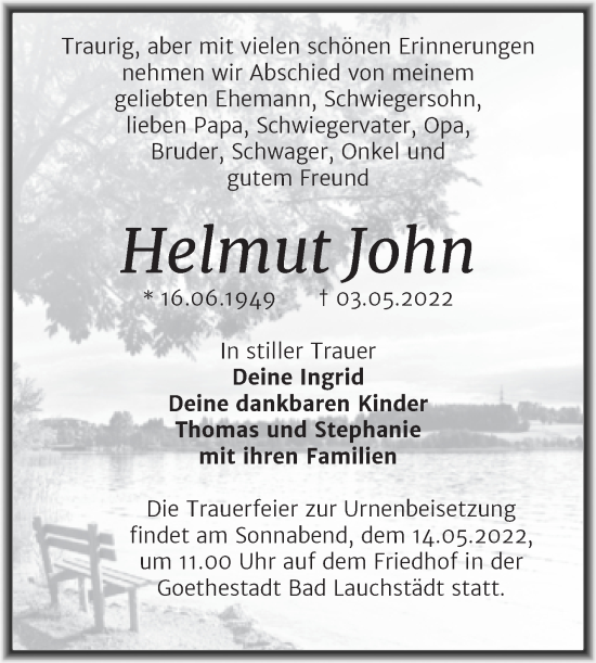 Traueranzeige von Helmut John von Trauerkombi Merseburg