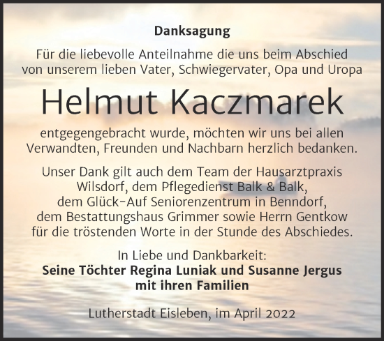Traueranzeige von Helmut Kaczmarek von Trauerkombi Mansfelder Land