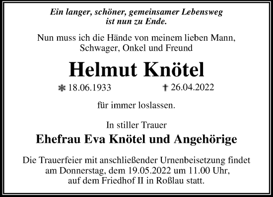 Traueranzeige von Helmut Knötel von Trauerkombi Dessau