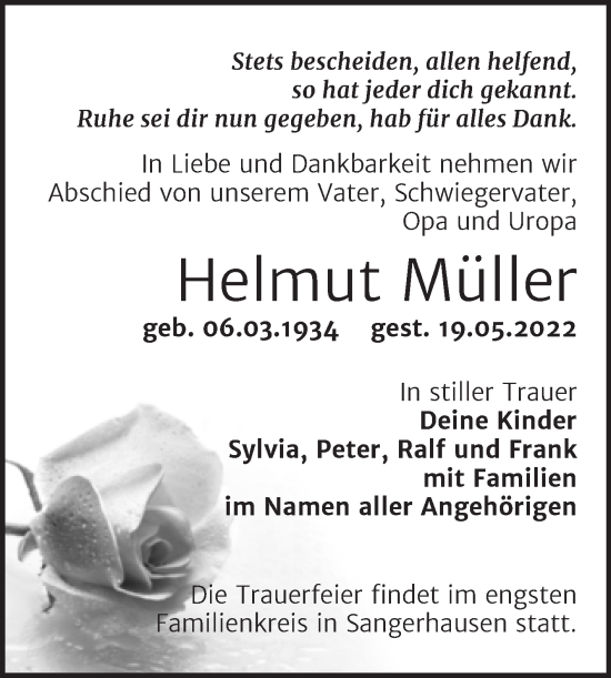 Traueranzeige von Helmut Müller von Trauerkombi Sangerhausen