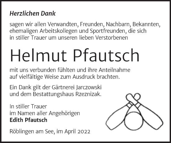 Traueranzeige von Helmut Pfautsch von Trauerkombi Mansfelder Land
