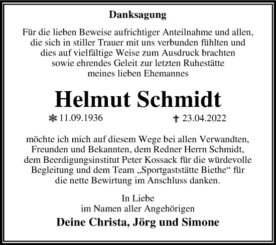 Traueranzeige von Helmut Schmidt von Trauerkombi Dessau
