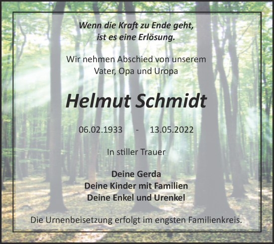 Traueranzeige von Helmut Schmidt von Trauerkombi Bitterfeld