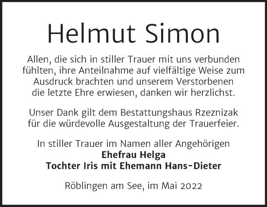 Traueranzeige von Helmut Simon von Trauerkombi Mansfelder Land