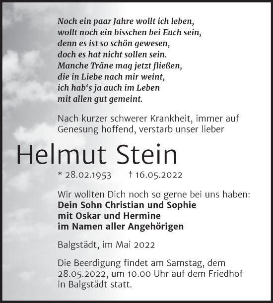 Traueranzeige von Helmut Stein von Naumburger Tageblatt