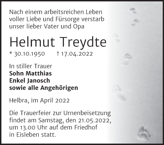 Traueranzeige von Helmut Treydte von Trauerkombi Mansfelder Land