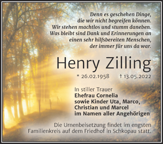 Traueranzeige von Henry Zilling von Mitteldeutsche Zeitung Merseburg/Querfurt