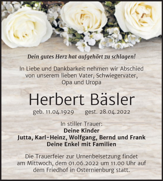 Traueranzeige von Herbert Bäsler von Trauerkombi Köthen