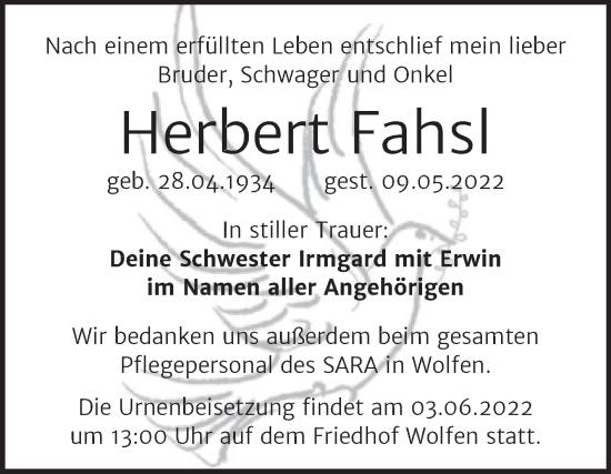 Traueranzeige von Herbert Fahsl von Trauerkombi Bitterfeld