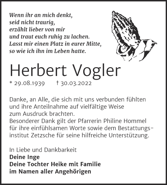 Traueranzeige von Herbert Vogler von Trauerkombi Weißenfels