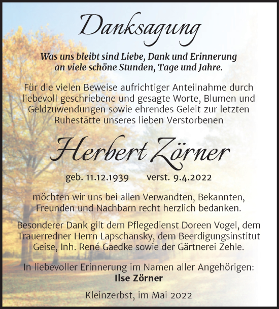 Traueranzeige von Herbert Zörner von Trauerkombi Köthen
