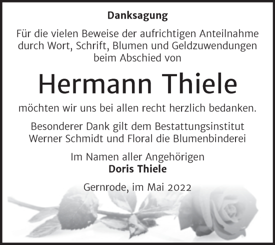Traueranzeige von Hermann Thiele von Trauerkombi Quedlinburg