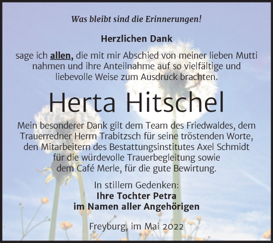 Traueranzeige von Herta Hitschel von Wochenspiegel Naumburg/Nebra
