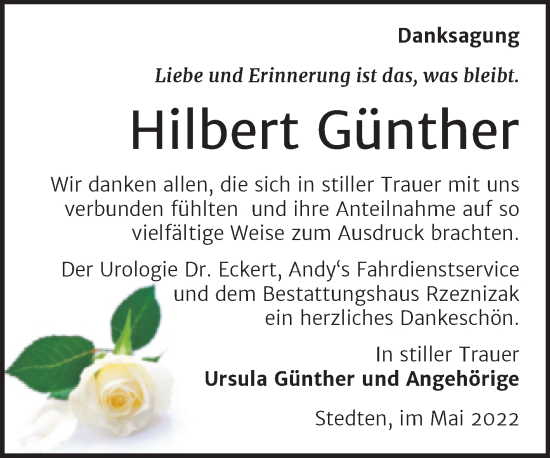 Traueranzeige von Hilbert Günther von Trauerkombi Mansfelder Land