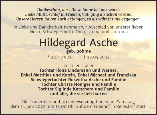 Traueranzeige von Hildegard Asche von Trauerkombi Köthen