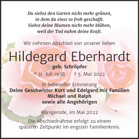 Traueranzeige von Hildegard Eberhardt von Trauerkombi Quedlinburg