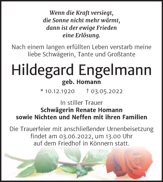 Traueranzeige von Hildegard Engelmann von Trauerkombi Bernburg