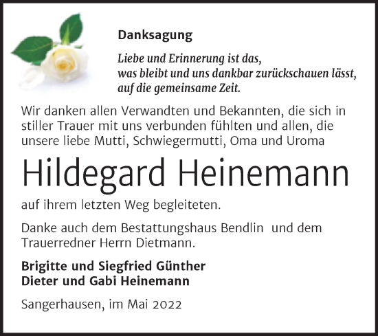 Traueranzeige von Hildegard Heinemann von Trauerkombi Sangerhausen
