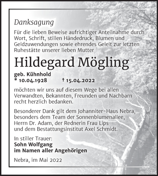 Traueranzeige von Hildegard Mögling von Wochenspiegel Naumburg/Nebra