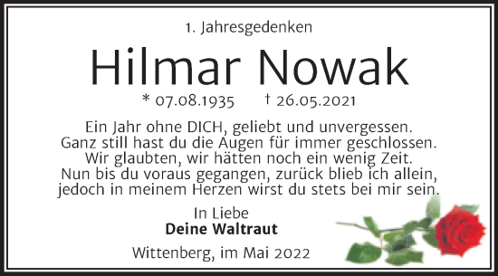 Traueranzeige von Hilmar Nowak von Trauerkombi Wittenberg