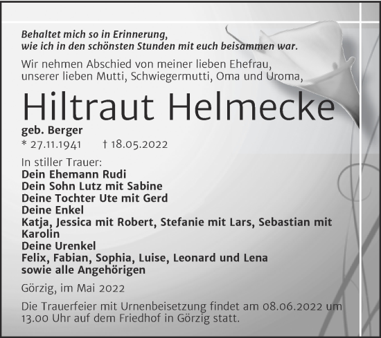 Traueranzeige von Hiltraut Helmecke von Trauerkombi Köthen