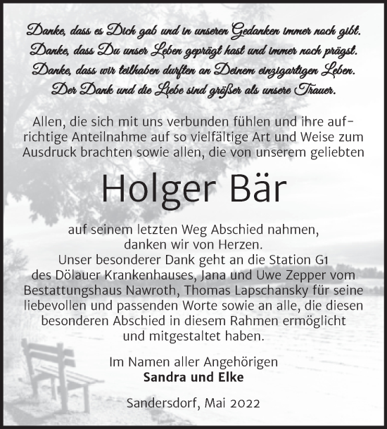Traueranzeige von Holger Bär von Trauerkombi Bitterfeld