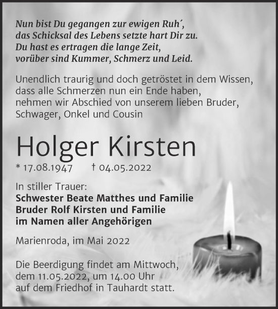 Traueranzeige von Holger Kirsten von Naumburger Tageblatt