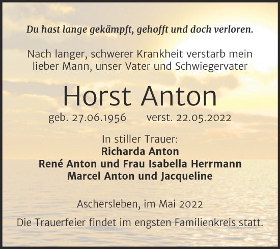 Traueranzeige von Horst Anton von Trauerkombi Aschersleben