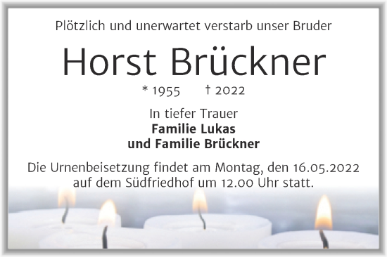 Traueranzeige von Horst Brückner von Mitteldeutsche Zeitung Halle/Saalkreis