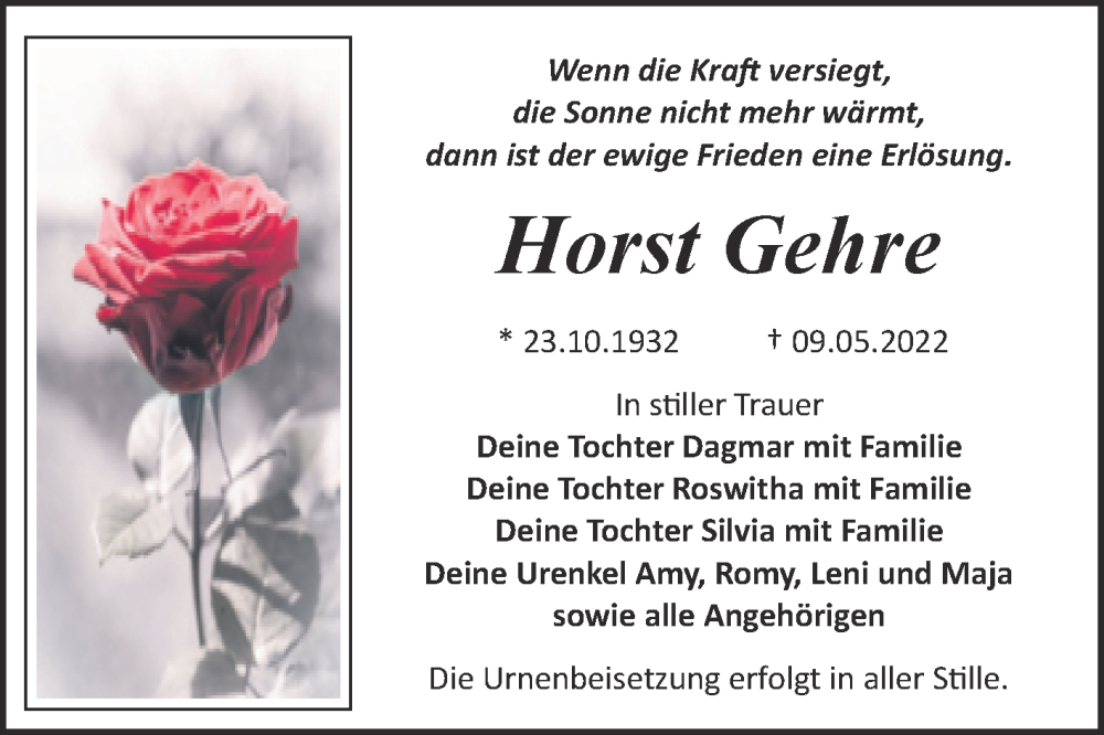  Traueranzeige für Horst Gehre vom 14.05.2022 aus Trauerkombi Bitterfeld
