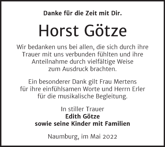 Traueranzeige von Horst Götze von Naumburger Tageblatt