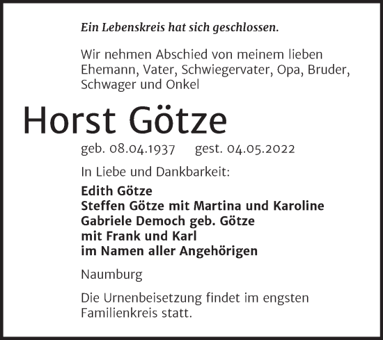Traueranzeige von Horst Götze von Naumburger Tageblatt