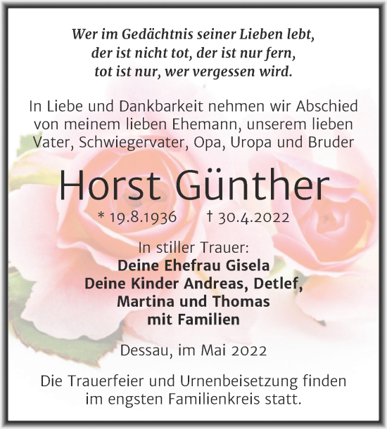 Traueranzeige von Horst Günther von Trauerkombi Dessau