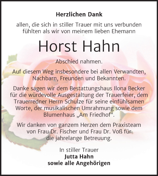 Traueranzeige von Horst Hahn von Trauerkombi Sangerhausen