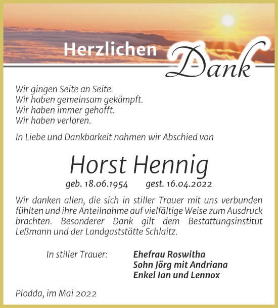 Traueranzeige von Horst Hennig von Trauerkombi Bitterfeld