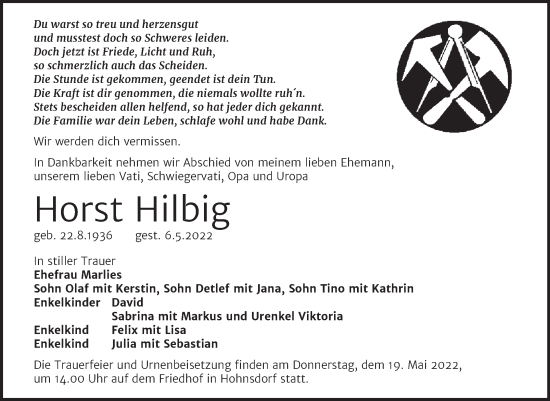 Traueranzeige von Horst Hilbig von Trauerkombi Köthen